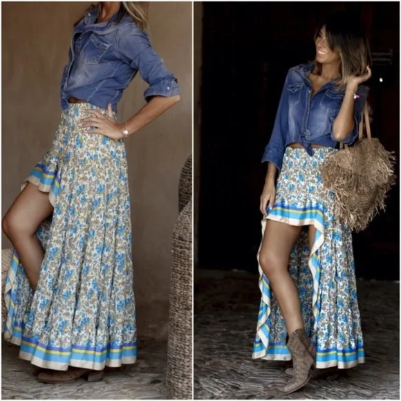 Bohemian gypsy Blue high low Floral Ruffle Maxi Skirt - Picture 3 of 11